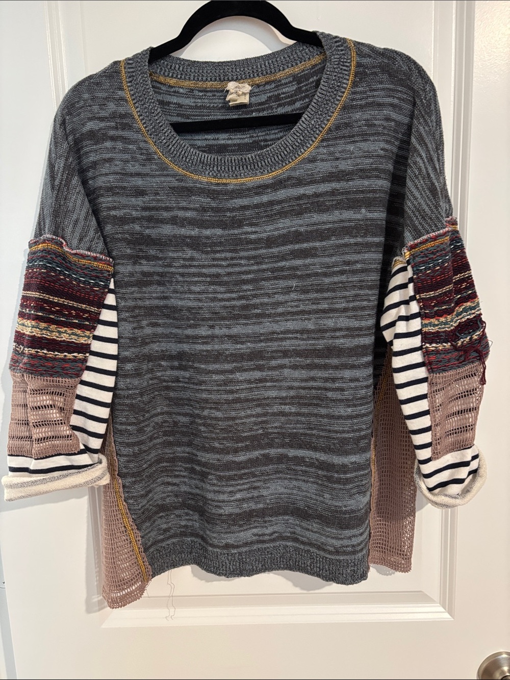 gimmicks by BKE Gray Mixed-Media Crewneck Sweater with Multicolor Accent Sleeves
